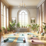 A serene yoga studio setting with yoga mats laid out